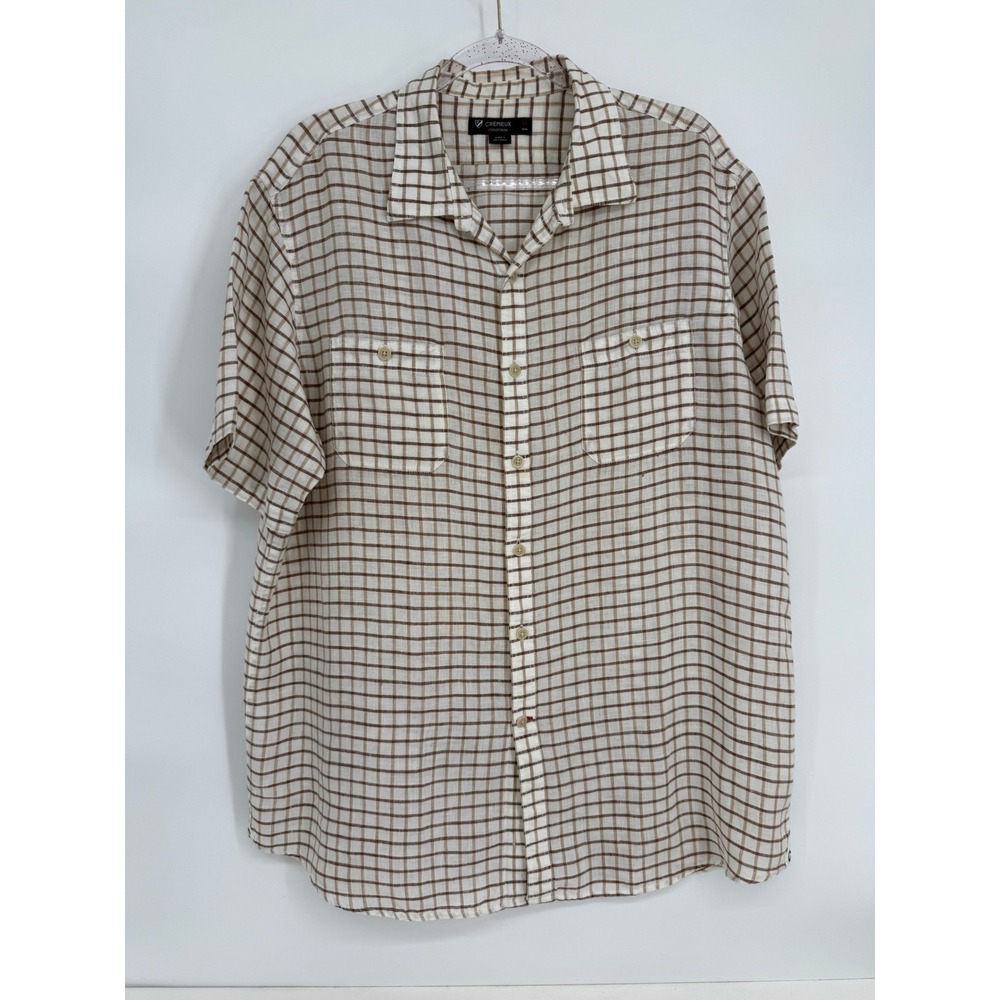 Cremieux Collection Mens Sz XL Brown Cream Windowpane 100% Linen Short Slv Shirt